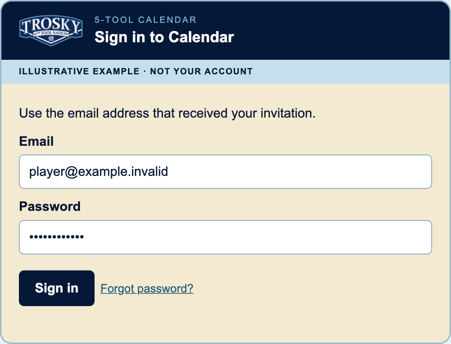 Illustrative example of the Calendar sign-in screen
